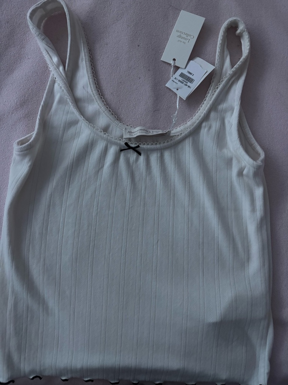 Abercrombie & Fitch White Ribbed Scallop-Trim Tank with Black Bow